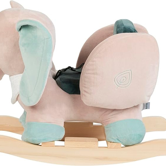 Elephant rocker with floppy ears, secure seat, and name on ear