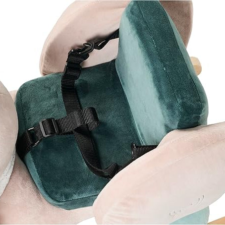 Soft grey elephant rocking toy with safety harness and wooden stoppers