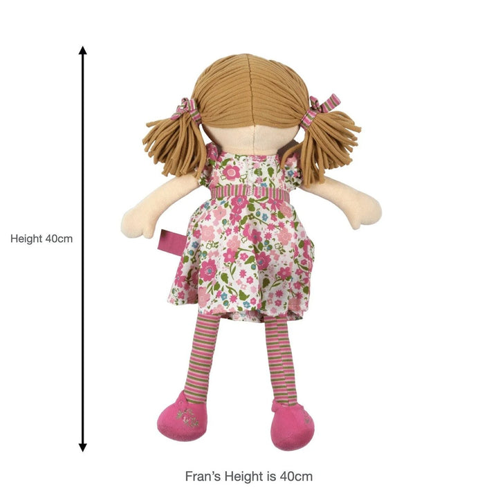Soft personalised rag doll suitable from birth — aqua floral outfit