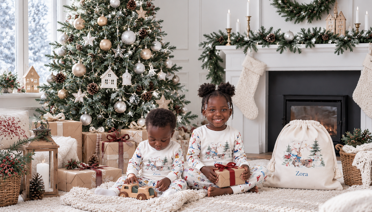 Two children in matching personalised Christmas pyjamas by a Christmas tree and fireplace, with a personalised Christmas sack