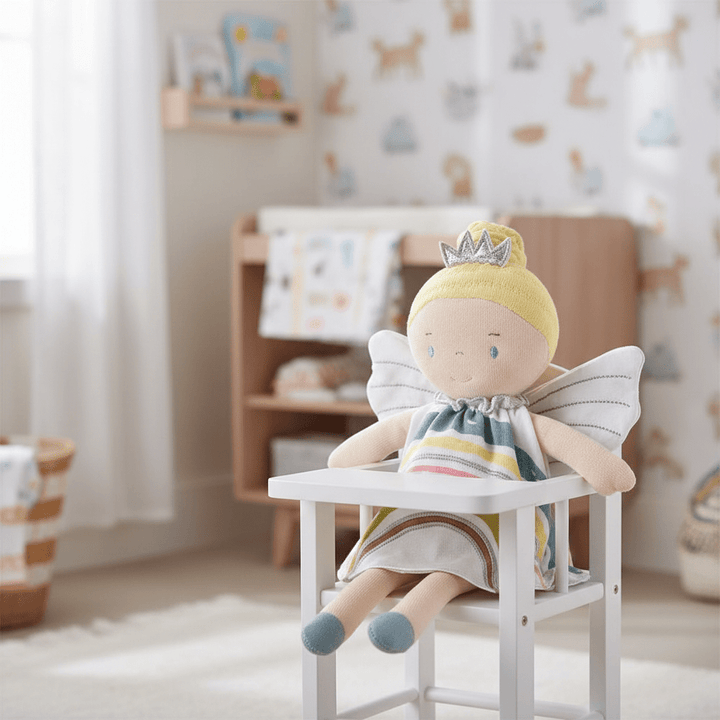 Bonikka Organic Ragdoll - Rainbow Fairy (Blonde hair in a bun and rainbow dress) - Chic Petit
