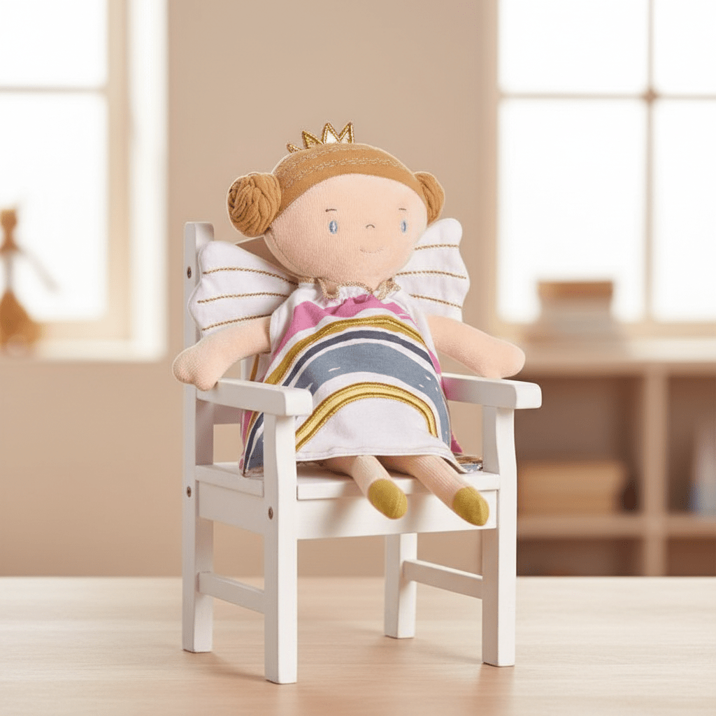 Bonikka Organic Ragdoll - Rainbow Fairy (Light Brown Hair in a Bun and Rainbow Dress) - Chic Petit