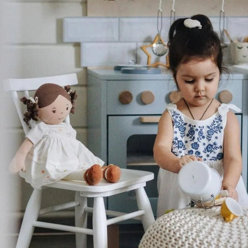 Bonikka Ragdoll - Cecilia (Dark Brown Hair in Cream Linen Dress) - Chic Petit