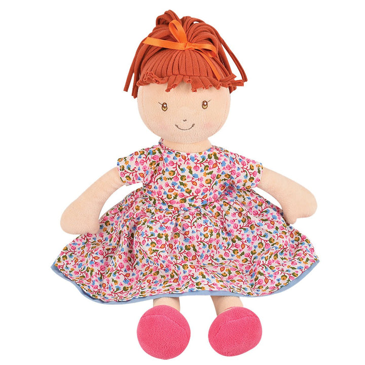 Molly ragdoll with bright red hair and floral cotton dress