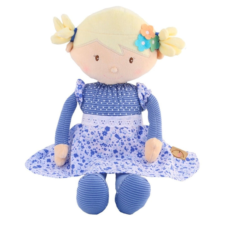 Skye ragdoll in blue floral dress with matching shoes