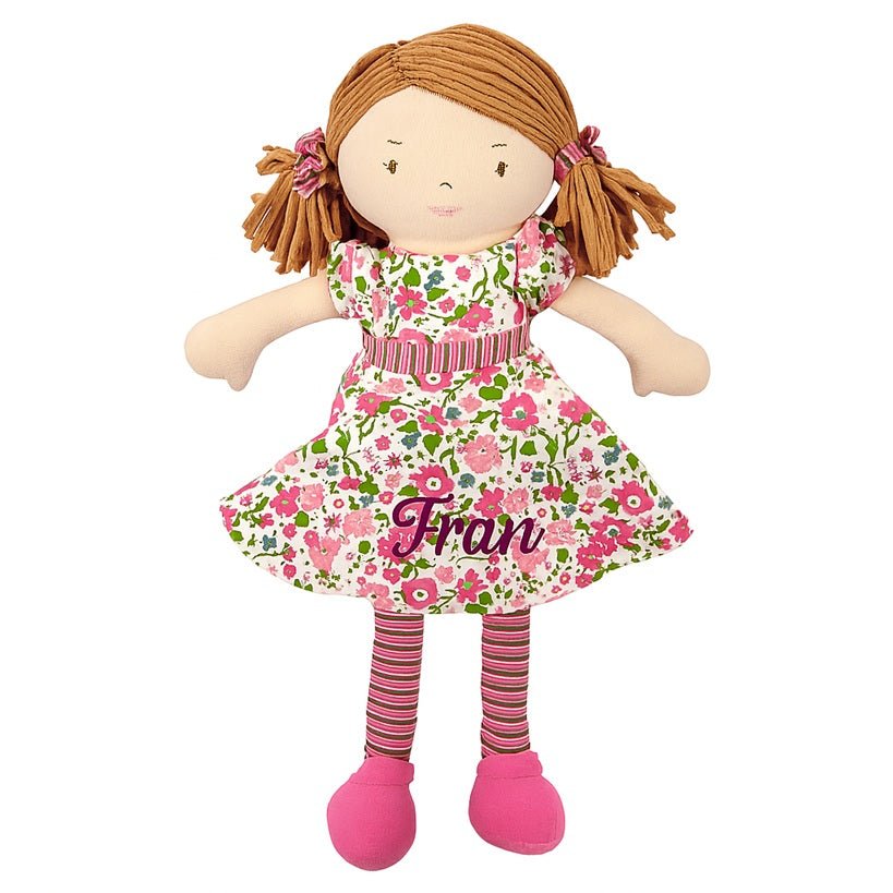 Personalised Bonikka Ragdoll - Fran ( Light Brown Hair, Pink & Green Dress) - Chic Petit