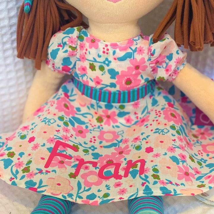 Personalised Bonikka Ragdoll - Fran ( Light Brown Hair, Pink & Green Dress) - Chic Petit