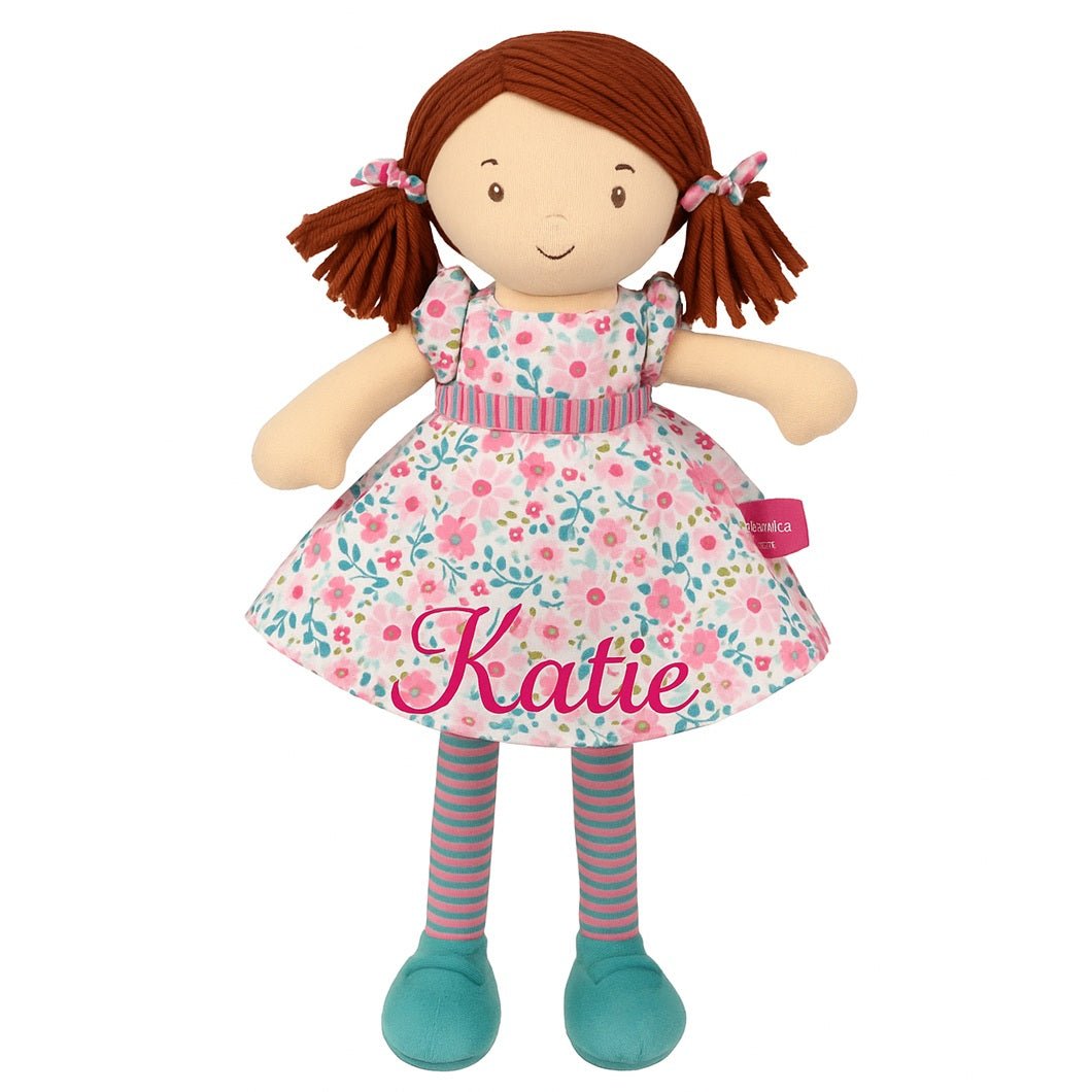 Personalised Bonikka Ragdoll - Katie (Dark Brown Hair, Pink & Green Dress) - Chic Petit