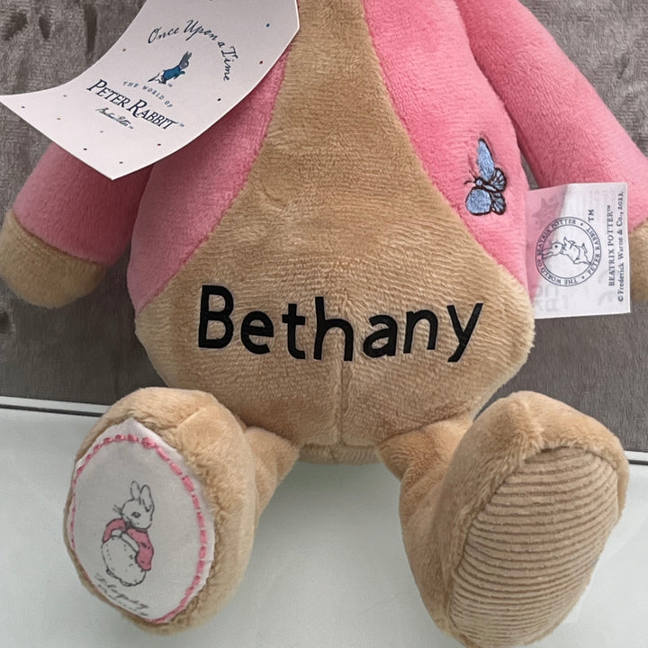 Personalised baby gift — Flopsy Bunny soft toy wearing classic pink coat