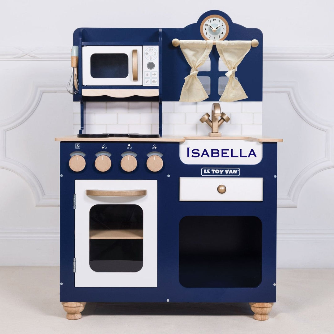 Personalised Oxford Wooden Play Kitchen in royal blue with copper details