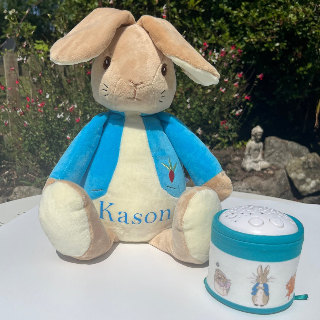 Soft personalised Peter Rabbit plush — perfect newborn and christening gift