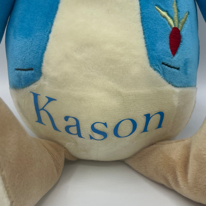 Peter Rabbit plush wearing blue jacket personalised with baby’s name