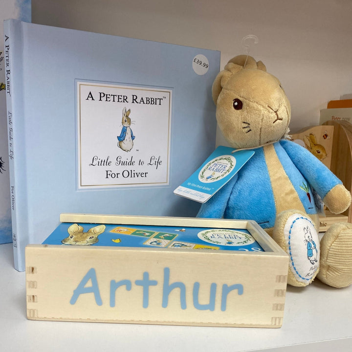 Peter Rabbit Soft Toy and Book with Personalised Wooden Dominos