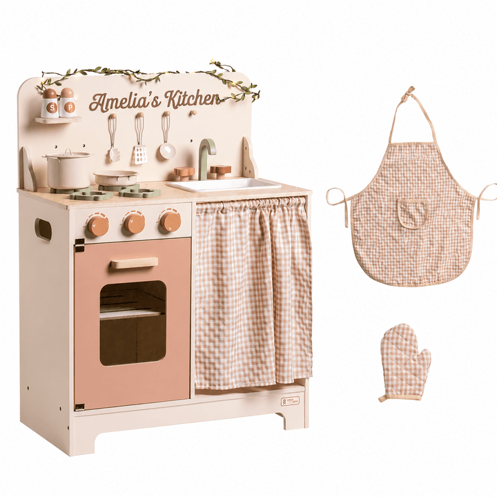 Personalised Rustic Wooden Kitchen with Cooking Utensils, Pans, Apron, Gloves and Leaf Light String - Chic Petit