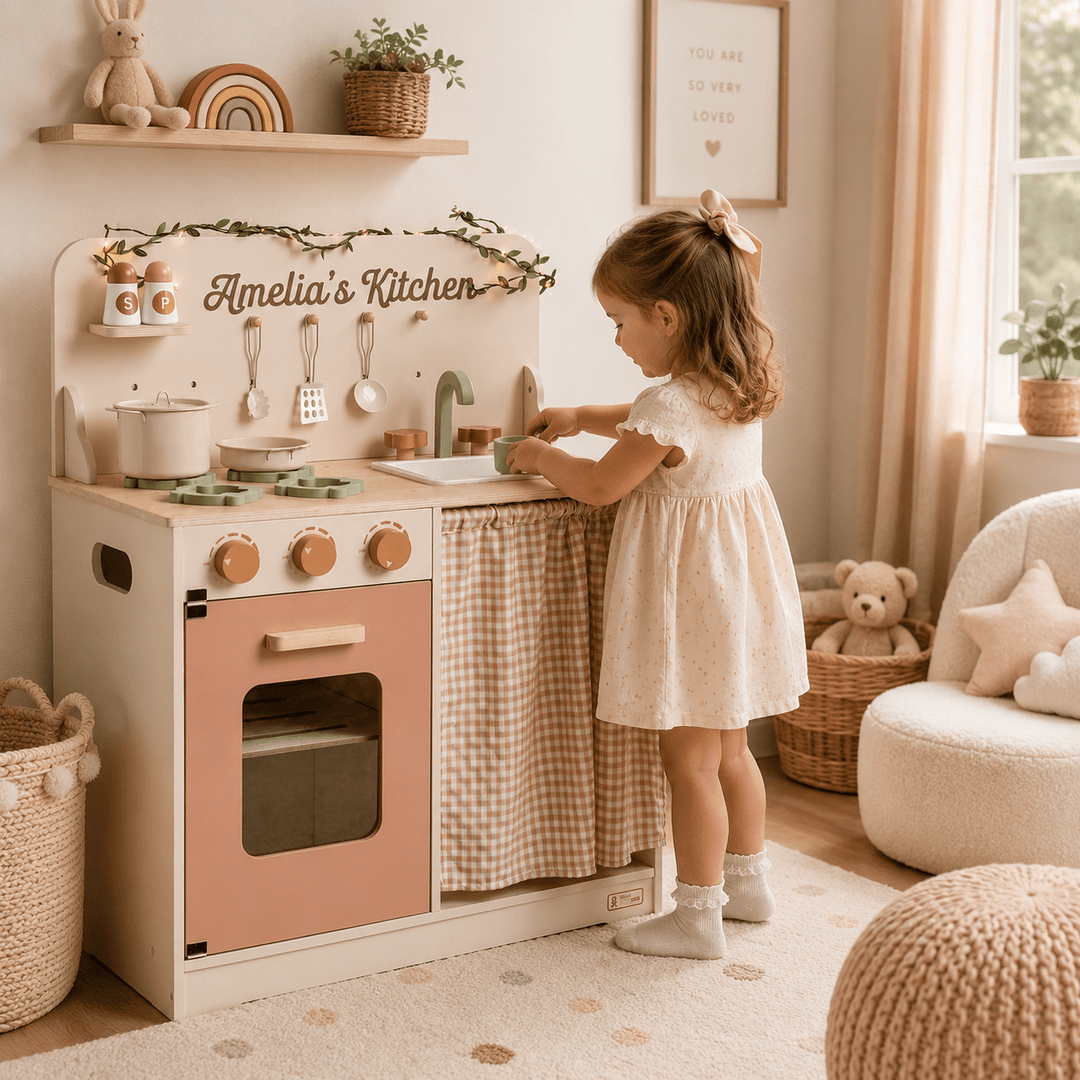 Personalised Rustic Wooden Kitchen with Cooking Utensils, Pans, Apron, Gloves and Leaf Light String - Chic Petit