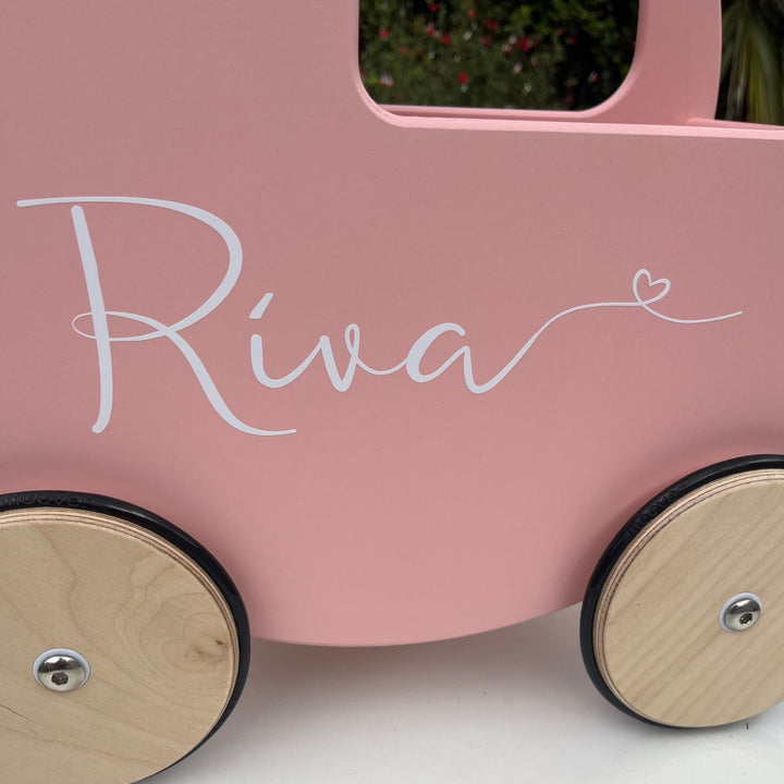 Eco-friendly wooden dolls pram with baby’s name