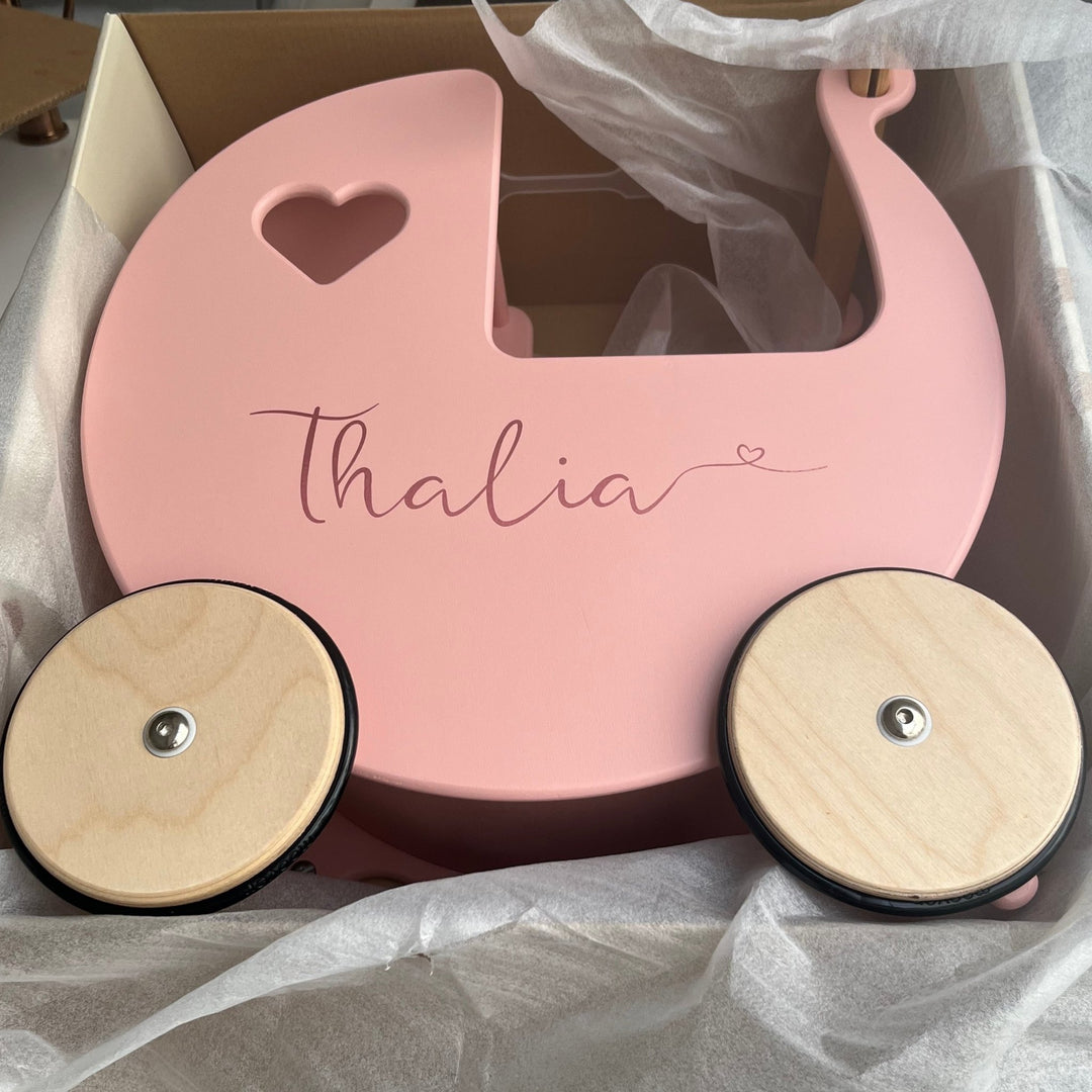 Personalised Wooden Dolls Pram Coral Pink Grey Off White Red or W Chic Petit