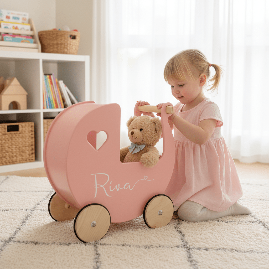 Personalised Wooden Dolls Pram - Pink, Red or White - Chic Petit