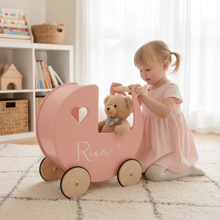 Personalised Wooden Dolls Pram - Pink, Red or White - Chic Petit
