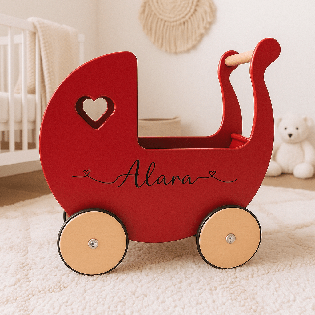 Personalised Wooden Dolls Pram - Pink, Red or White - Chic Petit