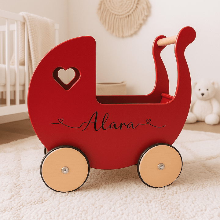 Personalised Wooden Dolls Pram - Pink, Red or White - Chic Petit