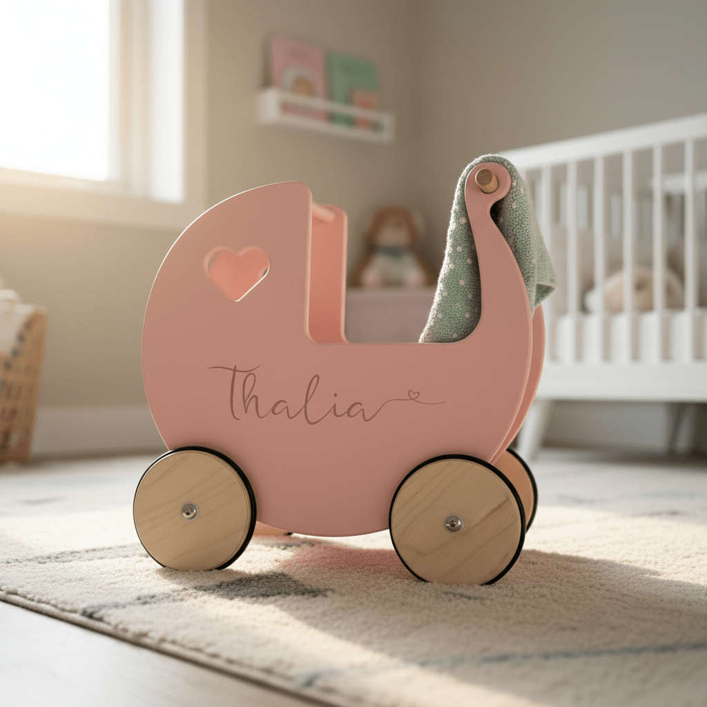 Personalised Wooden Dolls Pram - Pink, Red or White - Chic Petit