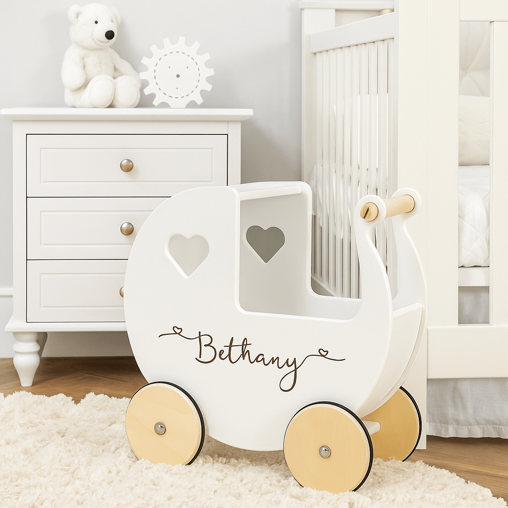 Personalised Wooden Dolls Pram - Pink, Red or White - Chic Petit