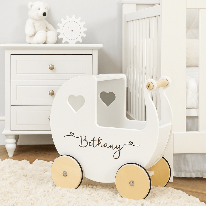 Personalised Wooden Dolls Pram - Pink, Red or White - Chic Petit