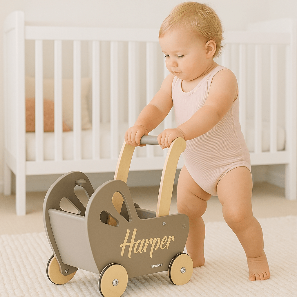 Personalised Wooden Essential Dolls Pram - Green, Grey, Off White, Pink - Chic Petit