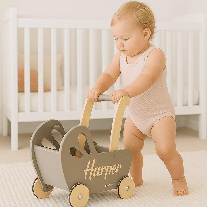 Personalised Wooden Essential Dolls Pram - Green, Grey, Off White, Pink - Chic Petit