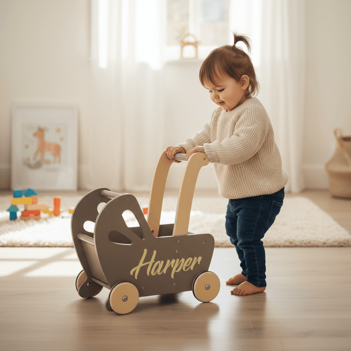 Personalised Wooden Essential Dolls Pram - Green, Grey, Off White, Pink - Chic Petit