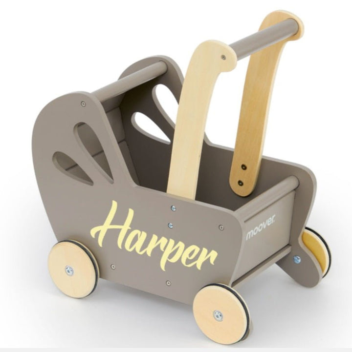 Personalised Wooden Essential Dolls Pram - Green, Grey, Off White, Pink - Chic Petit