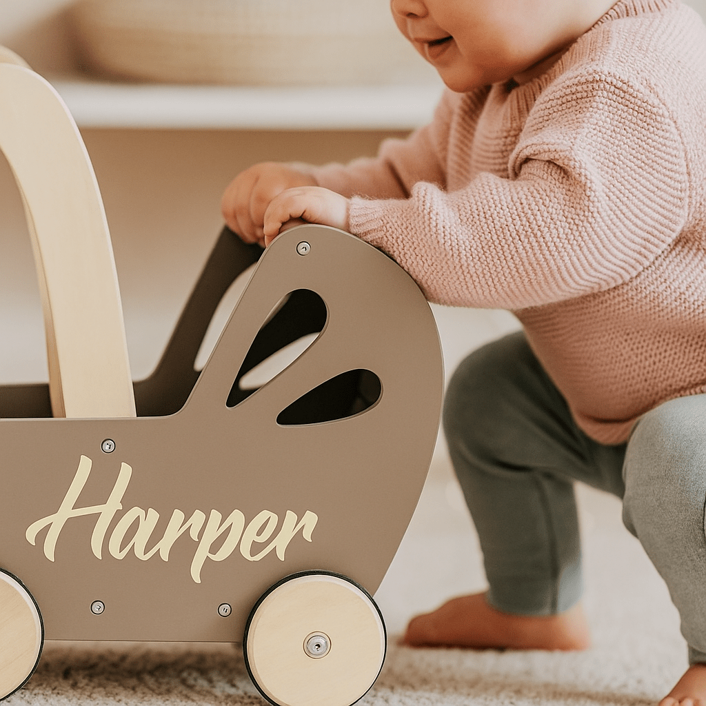 Personalised Wooden Essential Dolls Pram - Green, Grey, Off White, Pink - Chic Petit