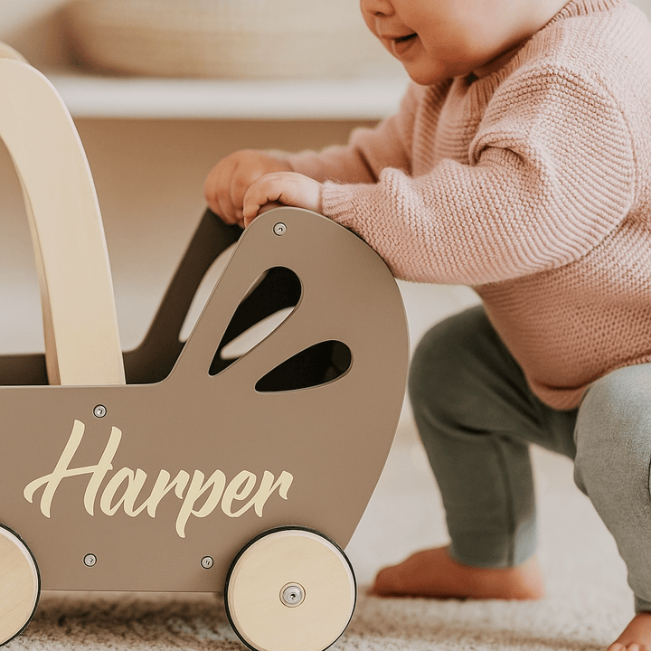 Personalised Wooden Essential Dolls Pram - Green, Grey, Off White, Pink - Chic Petit