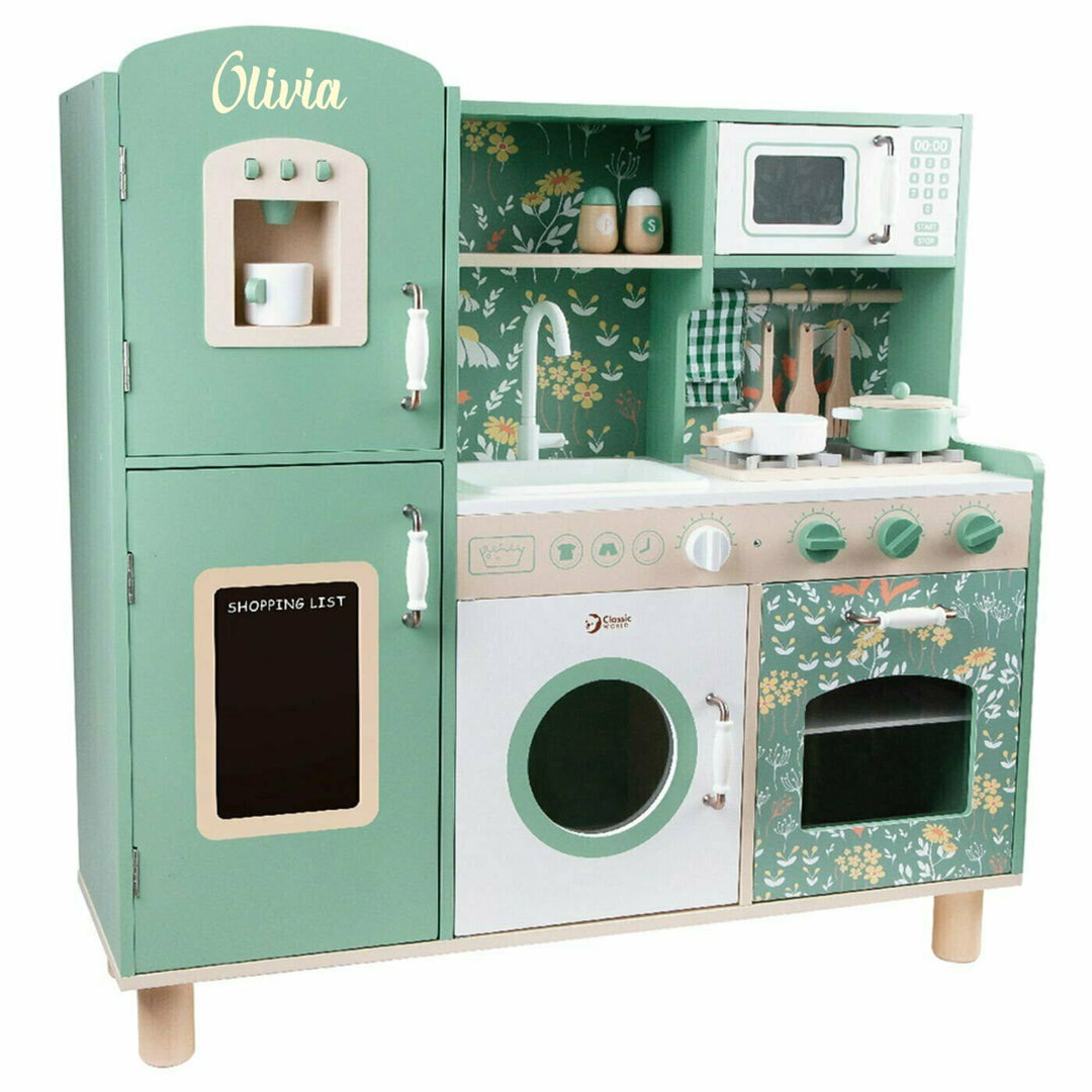 Personalised wooden play kitchen with pots, pans, and utensils