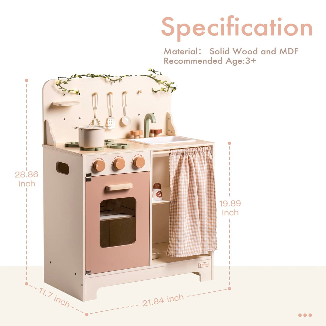 Rustic Wooden Kitchen with Cooking Utensils, Pans, Apron, Gloves and Leaf Light String - Chic Petit