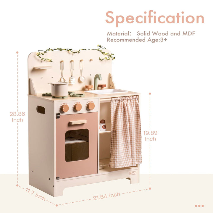 Rustic Wooden Kitchen with Cooking Utensils, Pans, Apron, Gloves and Leaf Light String - Chic Petit