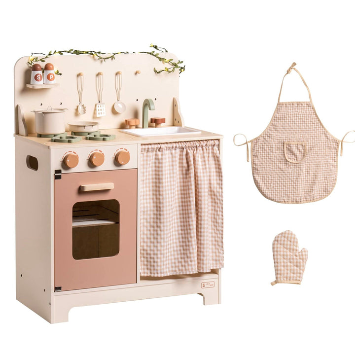 Rustic Wooden Kitchen with Cooking Utensils, Pans, Apron, Gloves and Leaf Light String - Chic Petit