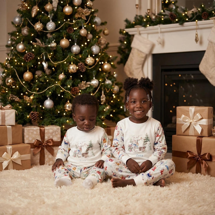 Two children in matching personalised Christmas pyjamas sitting on a cream rug by a Christmas tree and fireplace