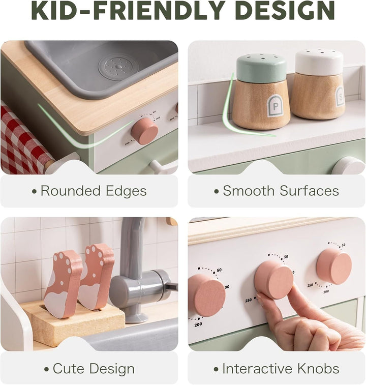 Wooden Expandable Play Kitchen Set - BBQ Grill, Ice Maker, Coffee Machine, and Accessories - Chic Petit
