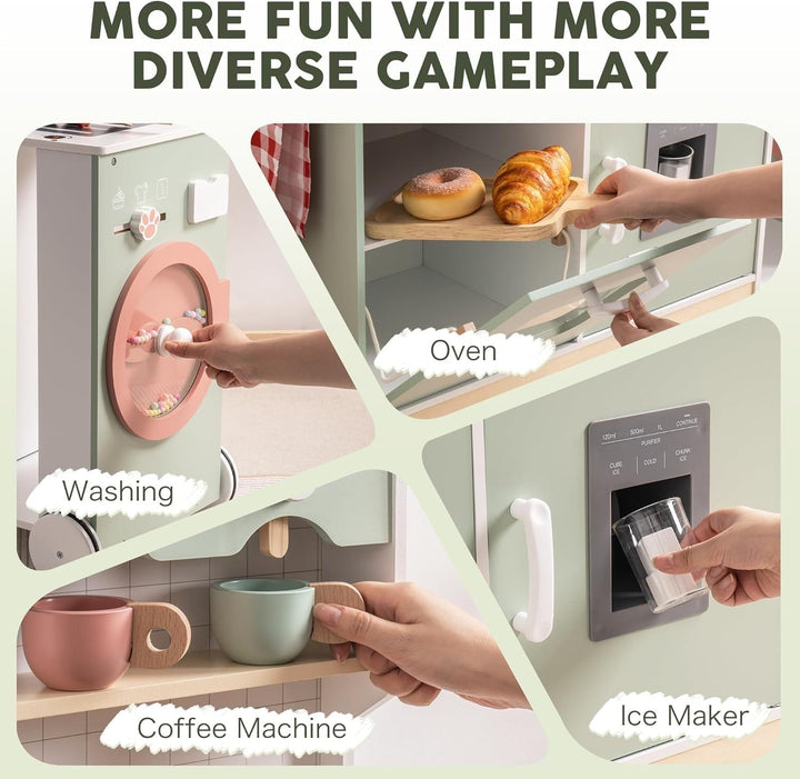 Wooden Expandable Play Kitchen Set - BBQ Grill, Ice Maker, Coffee Machine, and Accessories - Chic Petit