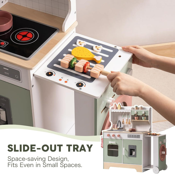 Wooden Expandable Play Kitchen Set - BBQ Grill, Ice Maker, Coffee Machine, and Accessories - Chic Petit