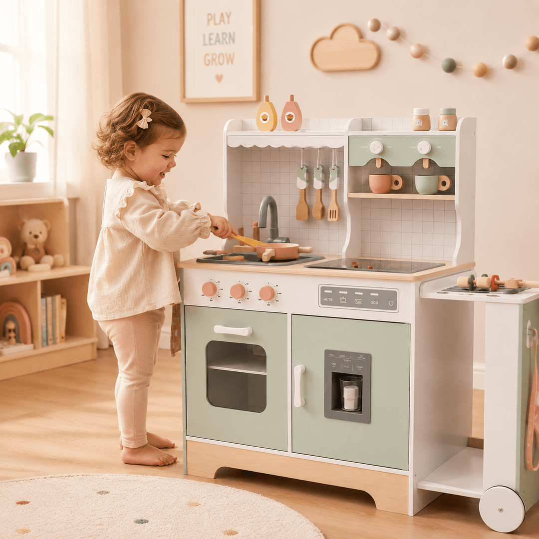 Wooden Expandable Play Kitchen Set - BBQ Grill, Ice Maker, Coffee Machine, and Accessories - Chic Petit