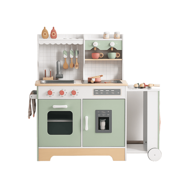 Wooden Expandable Play Kitchen Set - BBQ Grill, Ice Maker, Coffee Machine, and Accessories - Chic Petit