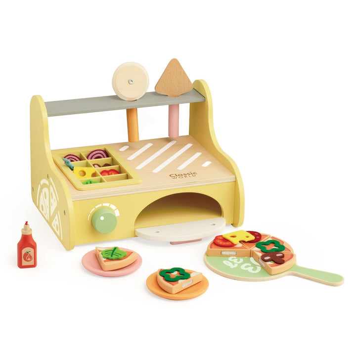 Wooden pizza oven play set with removable toppings and wooden utensils