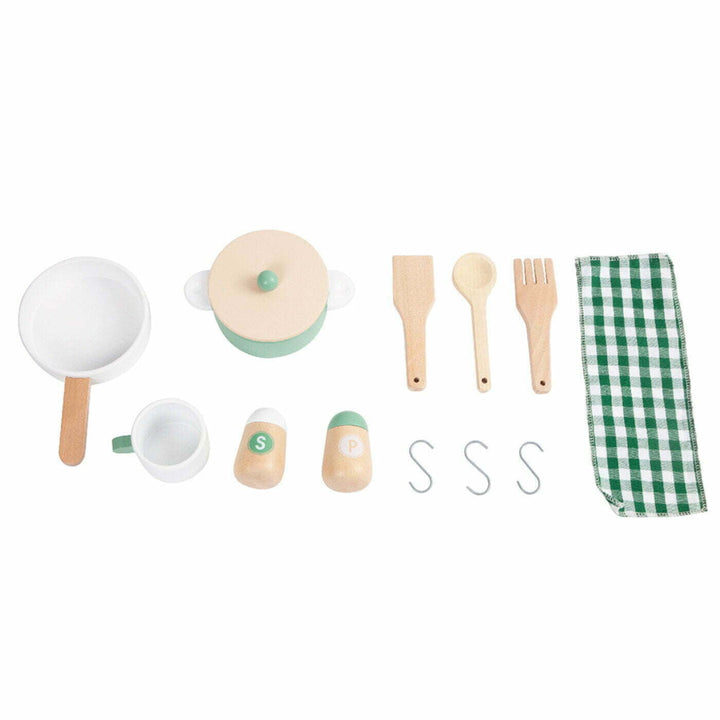 Personalised wooden play kitchen with pots, pans, and utensils