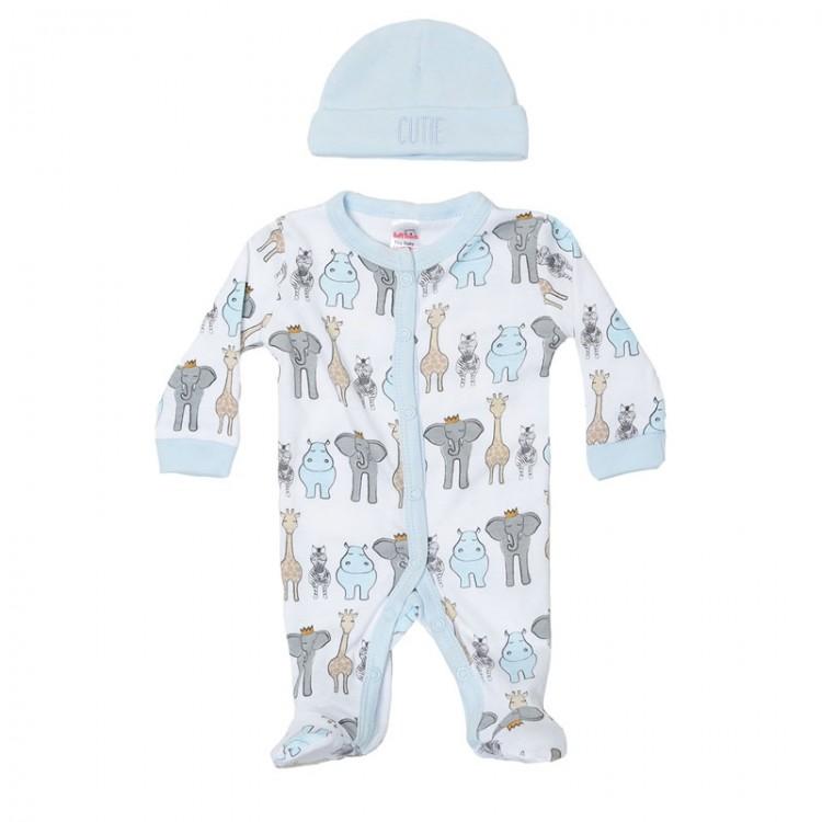 2pc Blue Safari Print Sleepsuit & Hat Set - Chic Petit