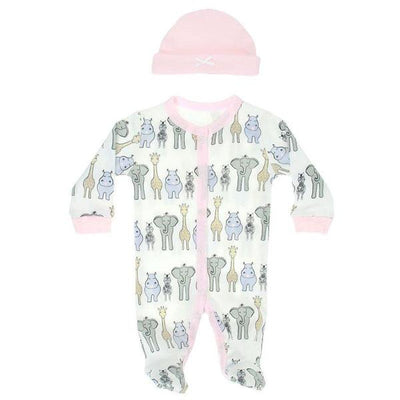 2pc Pink Safari Print Sleepsuit & Hat Set - Chic Petit