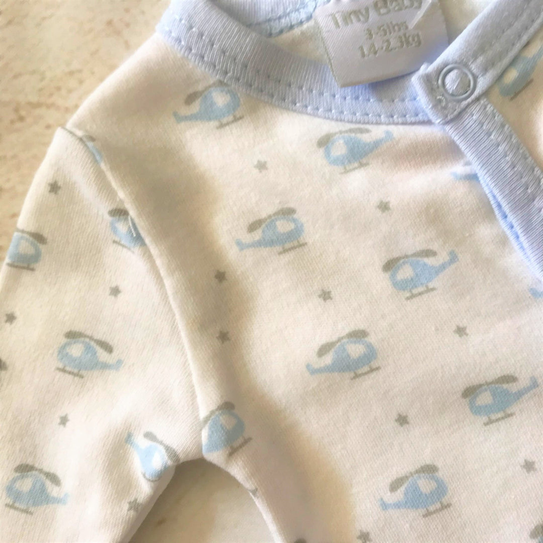Cute Little One White with Blue Helicopter Print Sleepsuit - Chic Petit