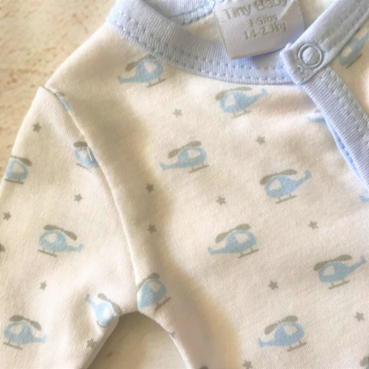 Cute Little One White with Blue Helicopter Print Sleepsuit - Chic Petit